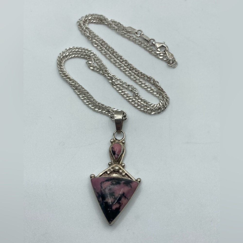 VTG Sterling & Rhodonite Pink / Black Triangle Pear Stones Pendant & Chain 19” - Picture 3 of 9